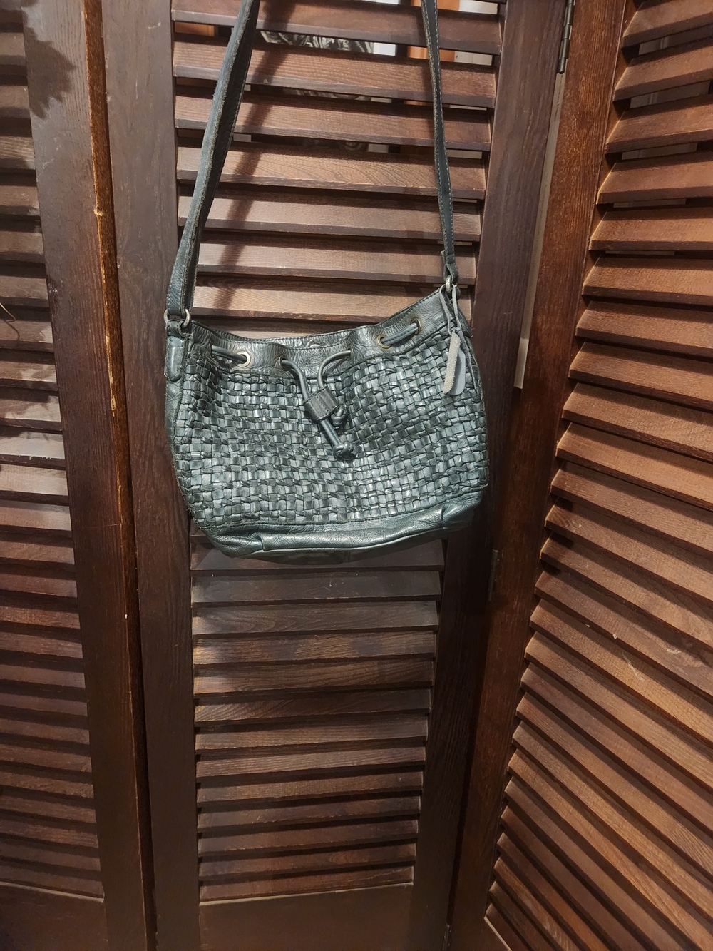 Vintage Dark Green Woven Leather Crossbody Bucket Bag
